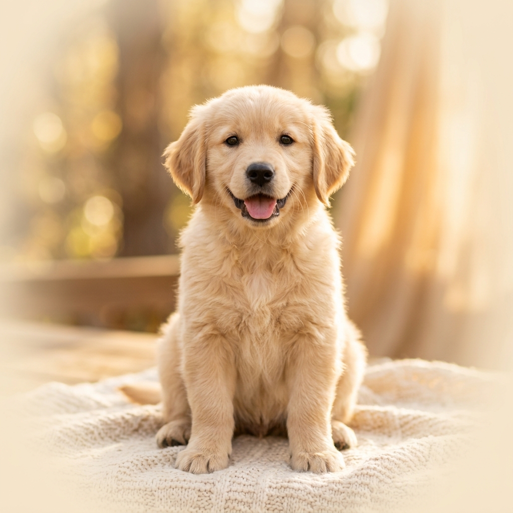 A beautiful golden retriever puppy sitting in warm sunlight